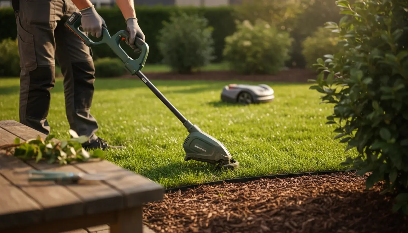 Kantklipper trimmer plænekant ved en synlig begrænsningstråd til robotplæneklipper med beskæringsværktøj og nysnedte buske i forgrunden.