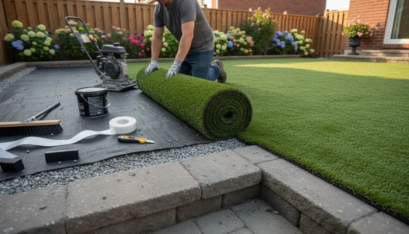 Installering af kunstgræs i en have med ruller, værktøj og færdigt grønt tæppe.