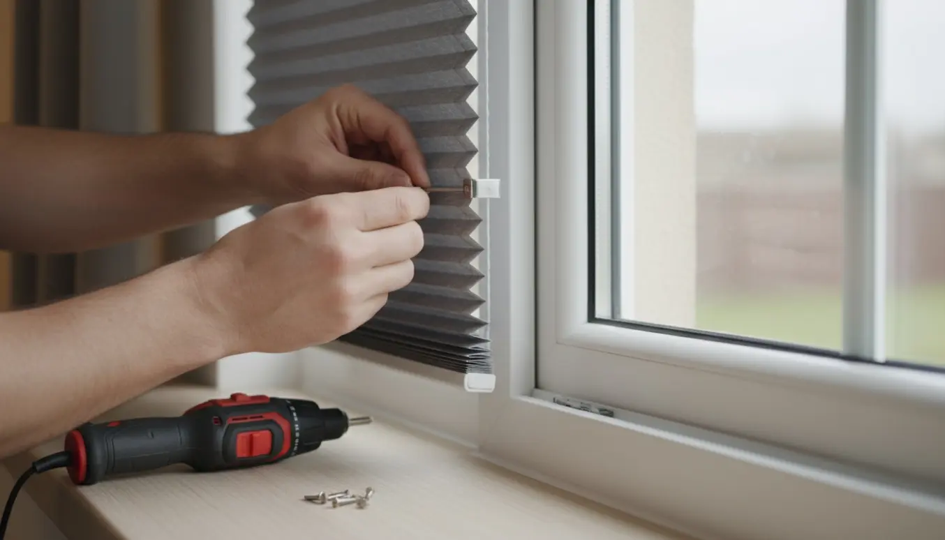 Nærbillede af hænder, der monterer et plisségardin i et vindue med plastikramme.