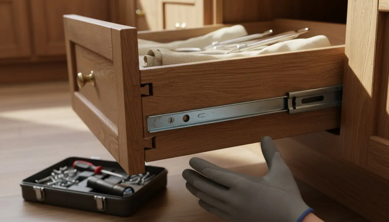 En stor træs skuffe hænger skævt udenfor sin skuffeskinne i et køkkenskab med værktøj og en handske i nærheden.