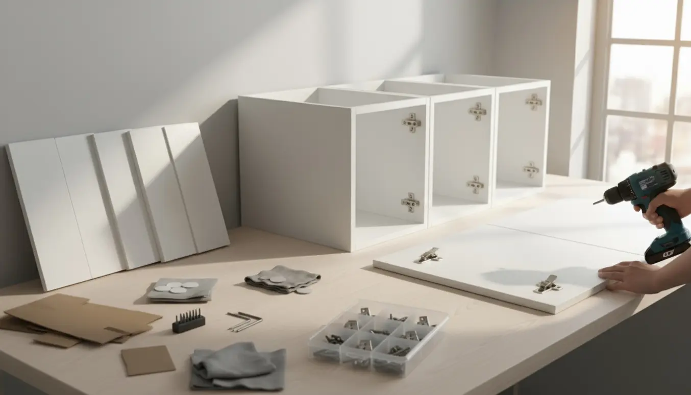 Tre skabstel, ni døre og ni hængsler lagt klar til samling i et lyst værksted.