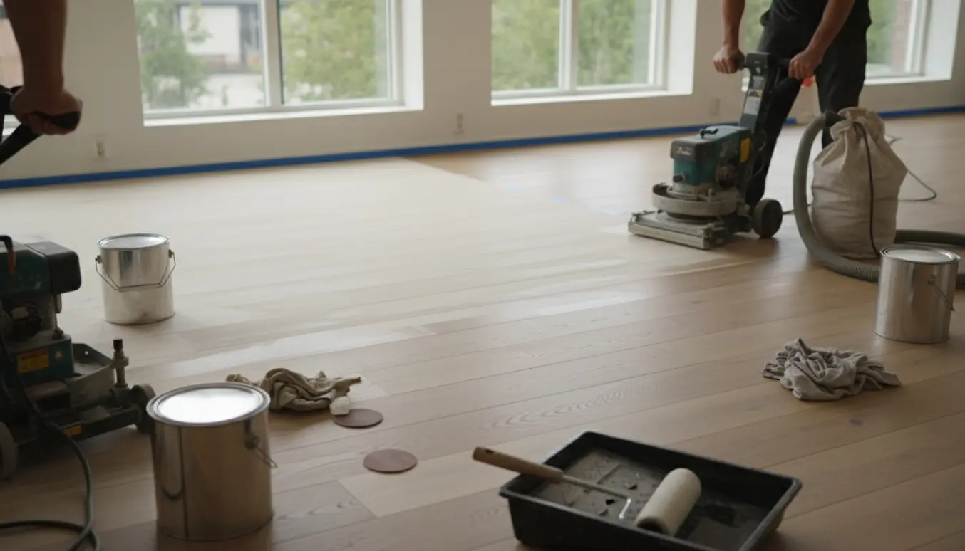 Nærbillede af gulvslibning og efterbehandling af egetræsgulv med slibemaskine og værktøj i et lyst rum.