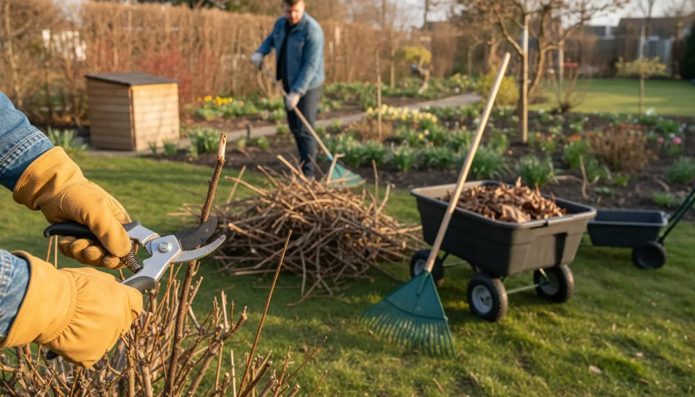 Handskerede hænder beskærer grene, mens en rive og en trillebør fyldt med blade viser en have klar til forår.