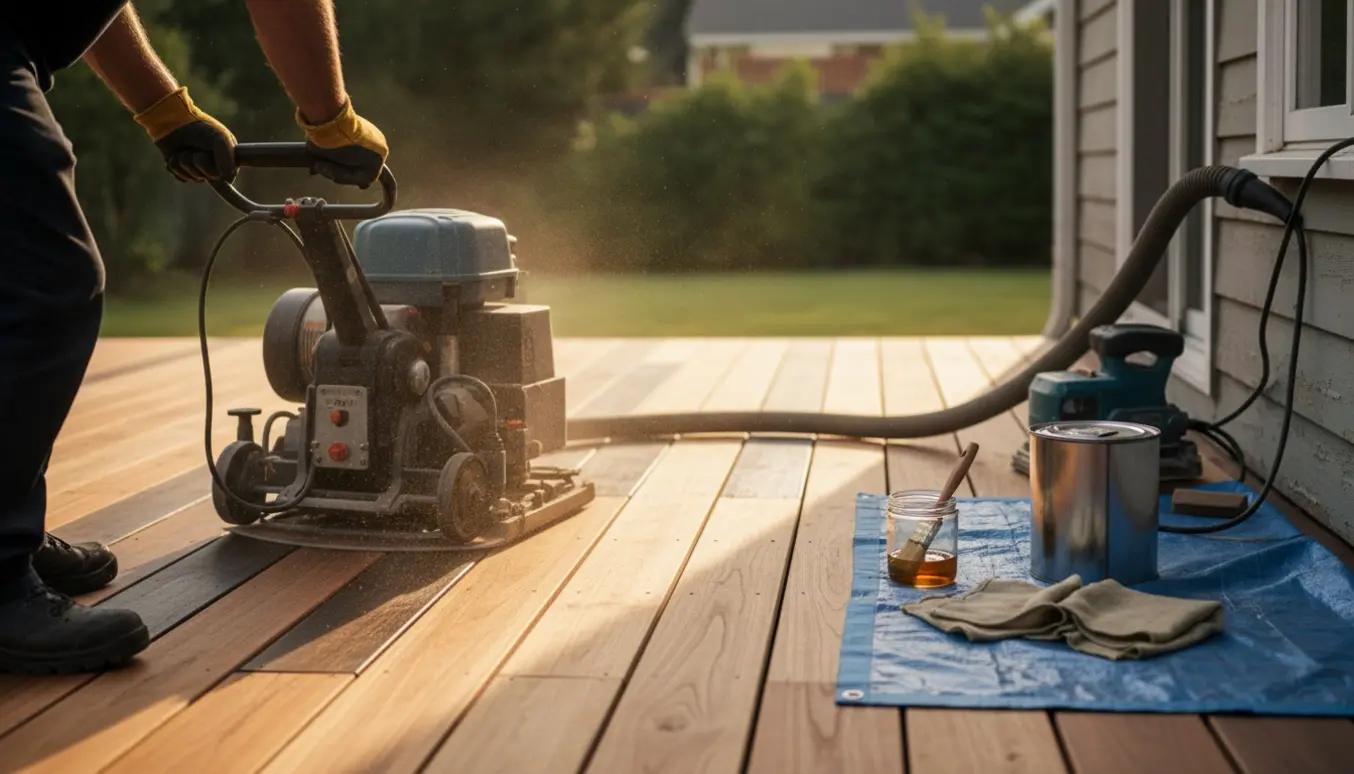 Over-shoulder billede af en slibemaskine, der fjerner mørk olie fra en Cumaru træterrasse og afslører nyslebne lyse brædder.