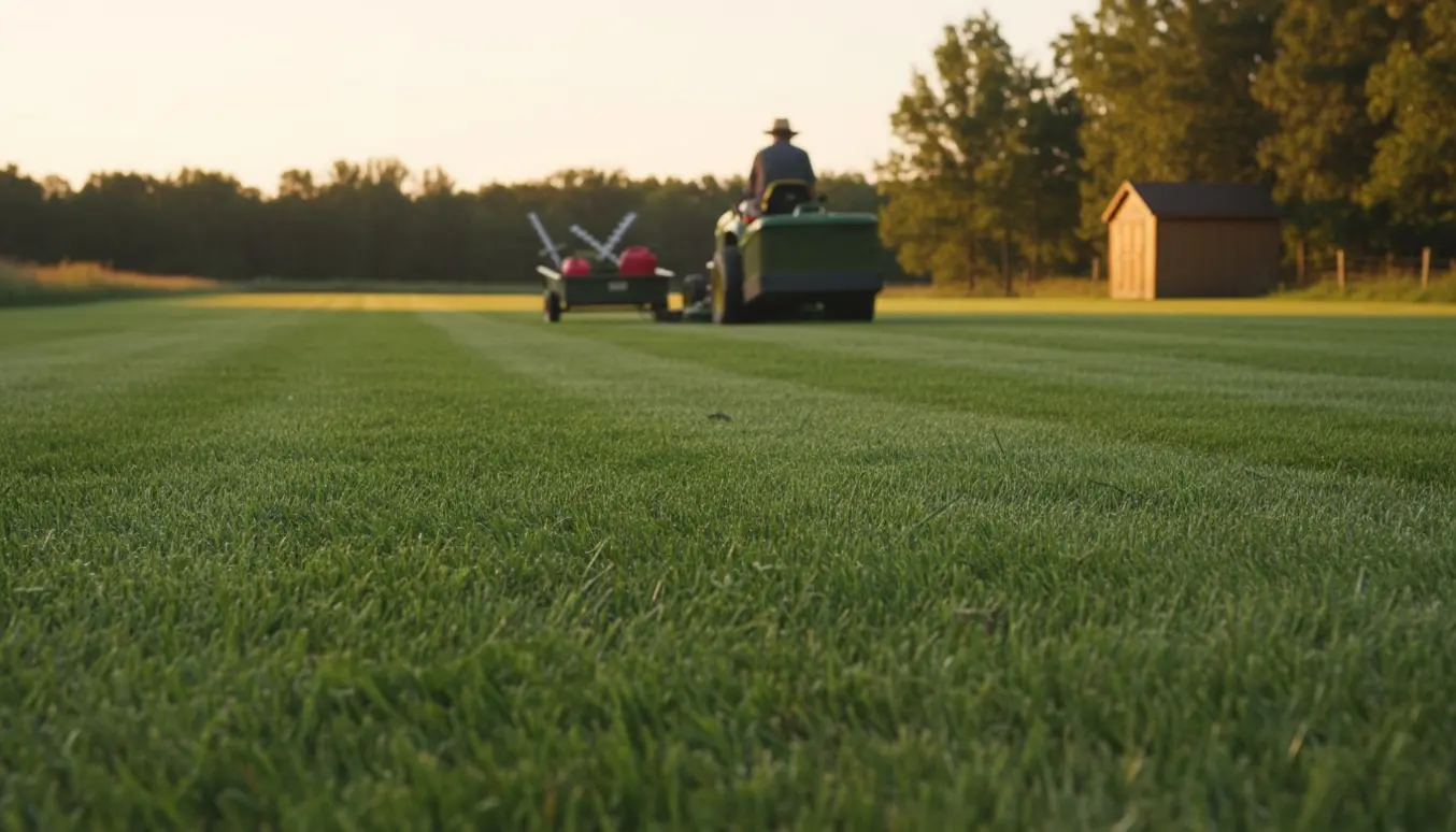 Havetraktor slår en stor plæne og efterlader tydelige striber i blødt sollys.