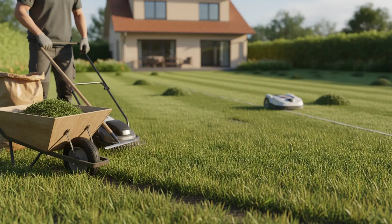 En person klipper og samler højt græs i haven, mens en robotplæneklipper venter ved sin ladestation.