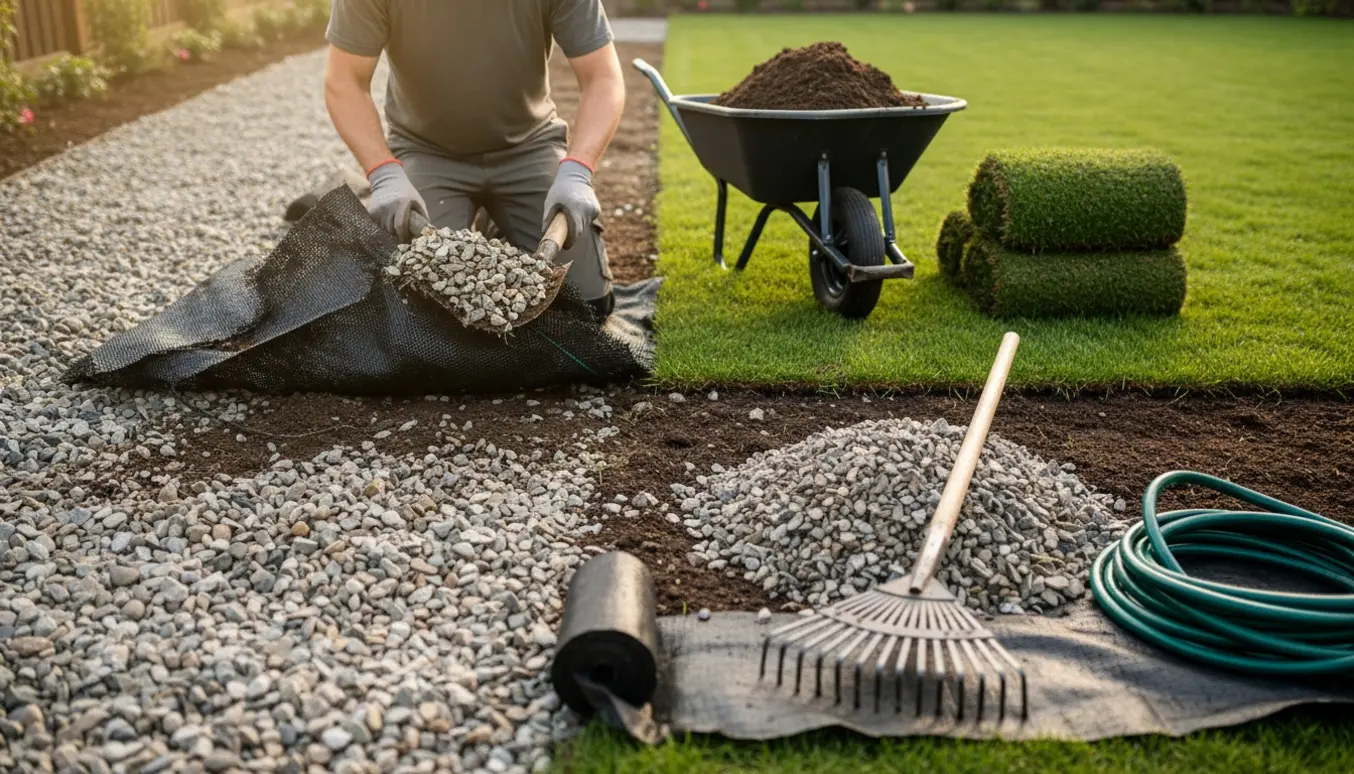 Hænder fjerner revnet ukrudtsdug og forbereder grusjorden til lægning af nyt græs i en baghave.