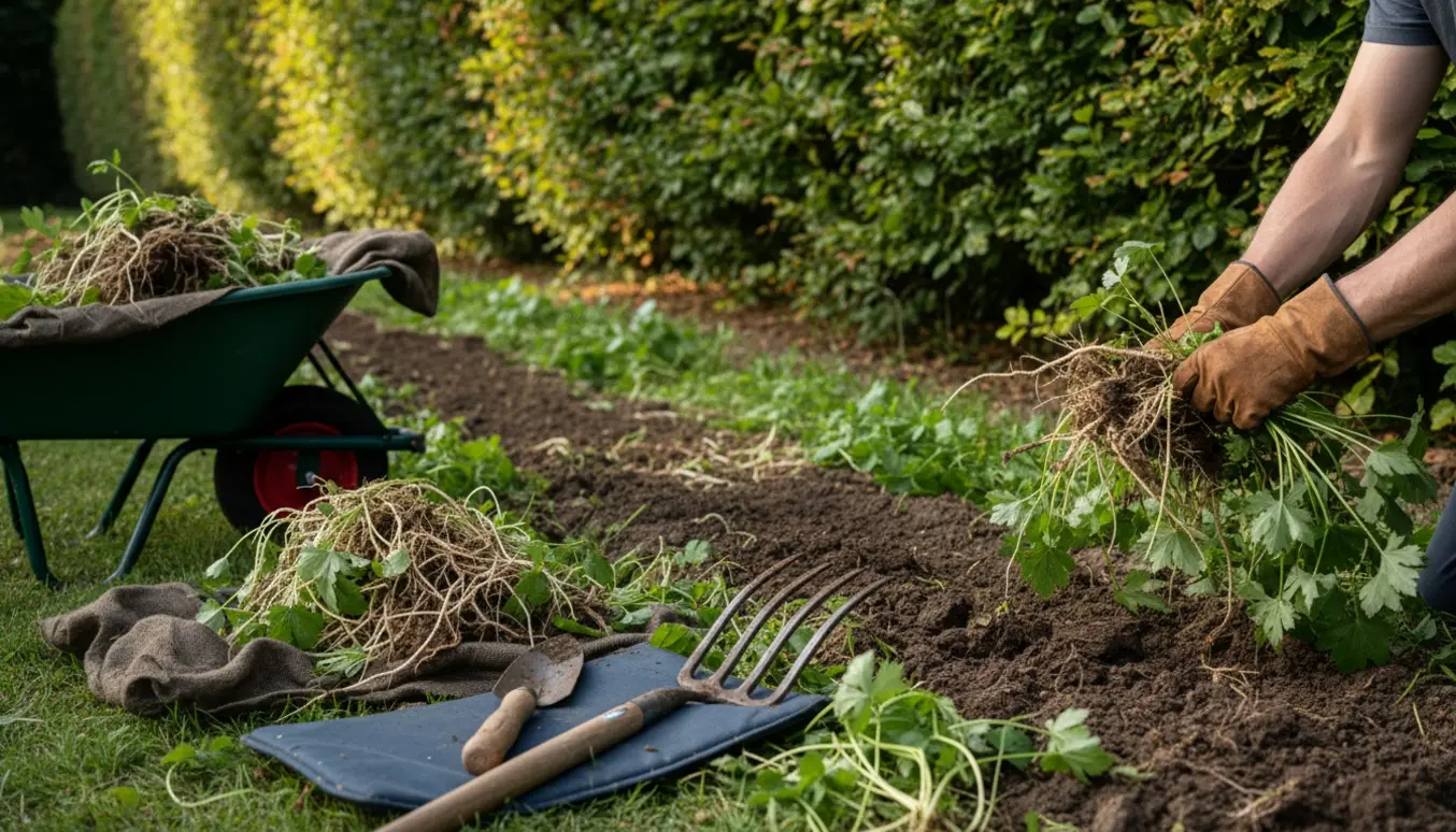 Havearbejde under bøgehæk hvor skvadderkål trækkes op med redskaber og et samlet rod- og planteaffald i en trillebør.