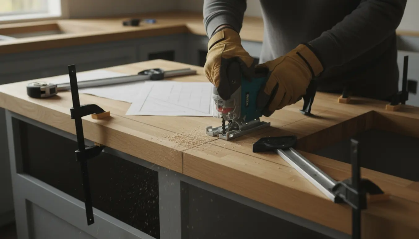 Nærbillede af hænder, der fører en bajonetsav gennem en træbordplade med skæve vinkler og savsmuld.