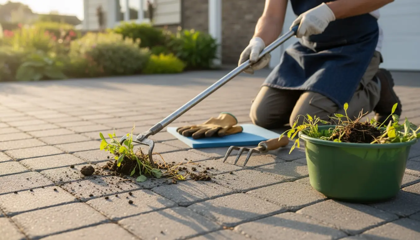 Hænder luger ukrudt mellem fliser i en indkørsel med havehandsker og en spand.