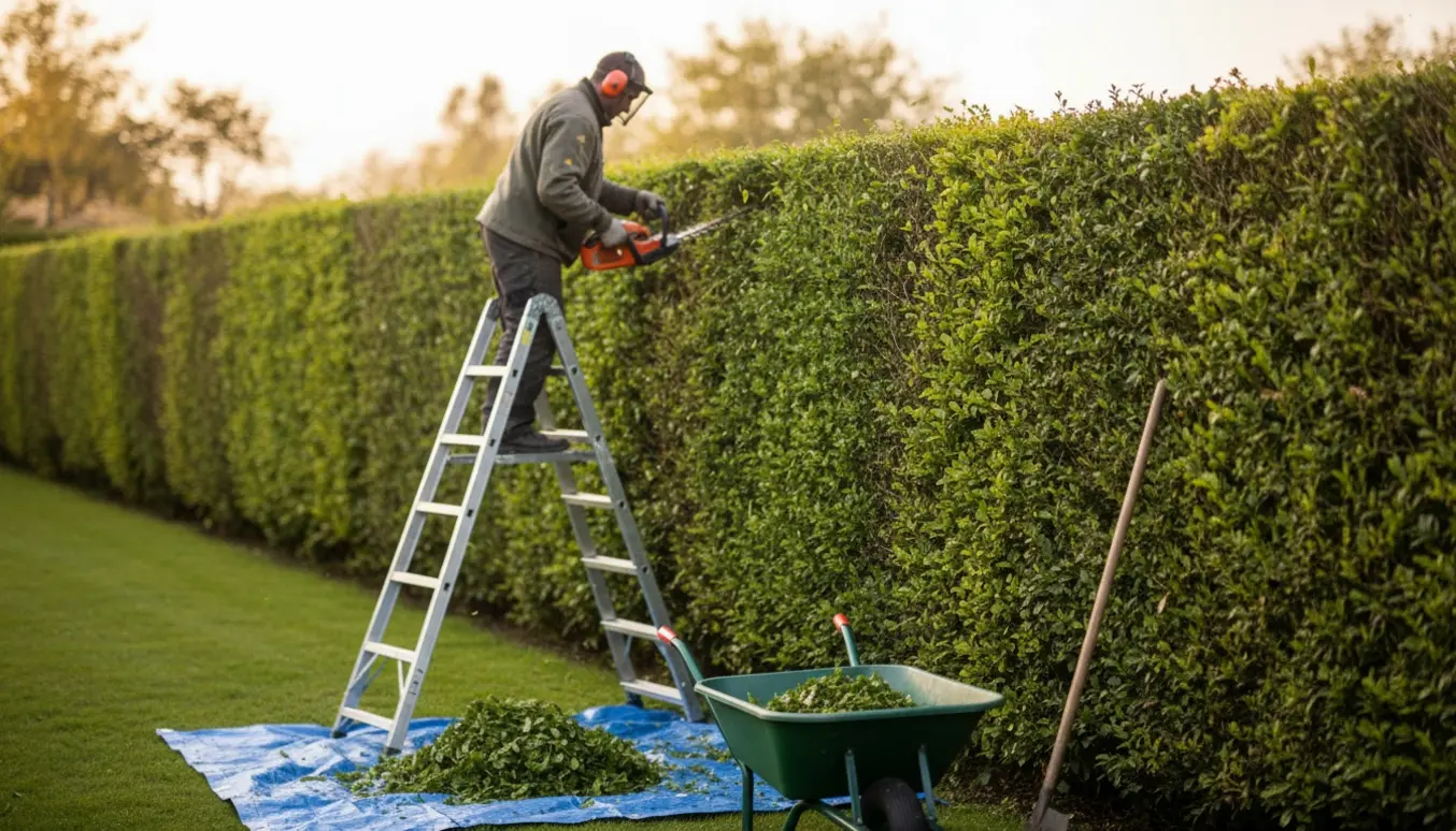 En person på stige klipper en lang hæk med hækkeklipper, med en pæn bunke afklip og redskaber ved siden af.
