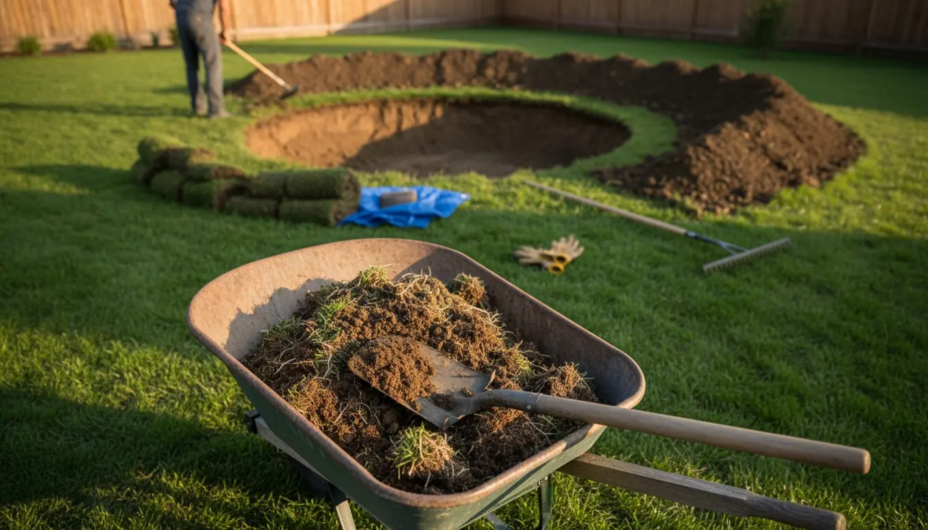 En halvt fyldt trillebør med nygravet jord, klar til at blive flyttet til en lille bakke i haven.