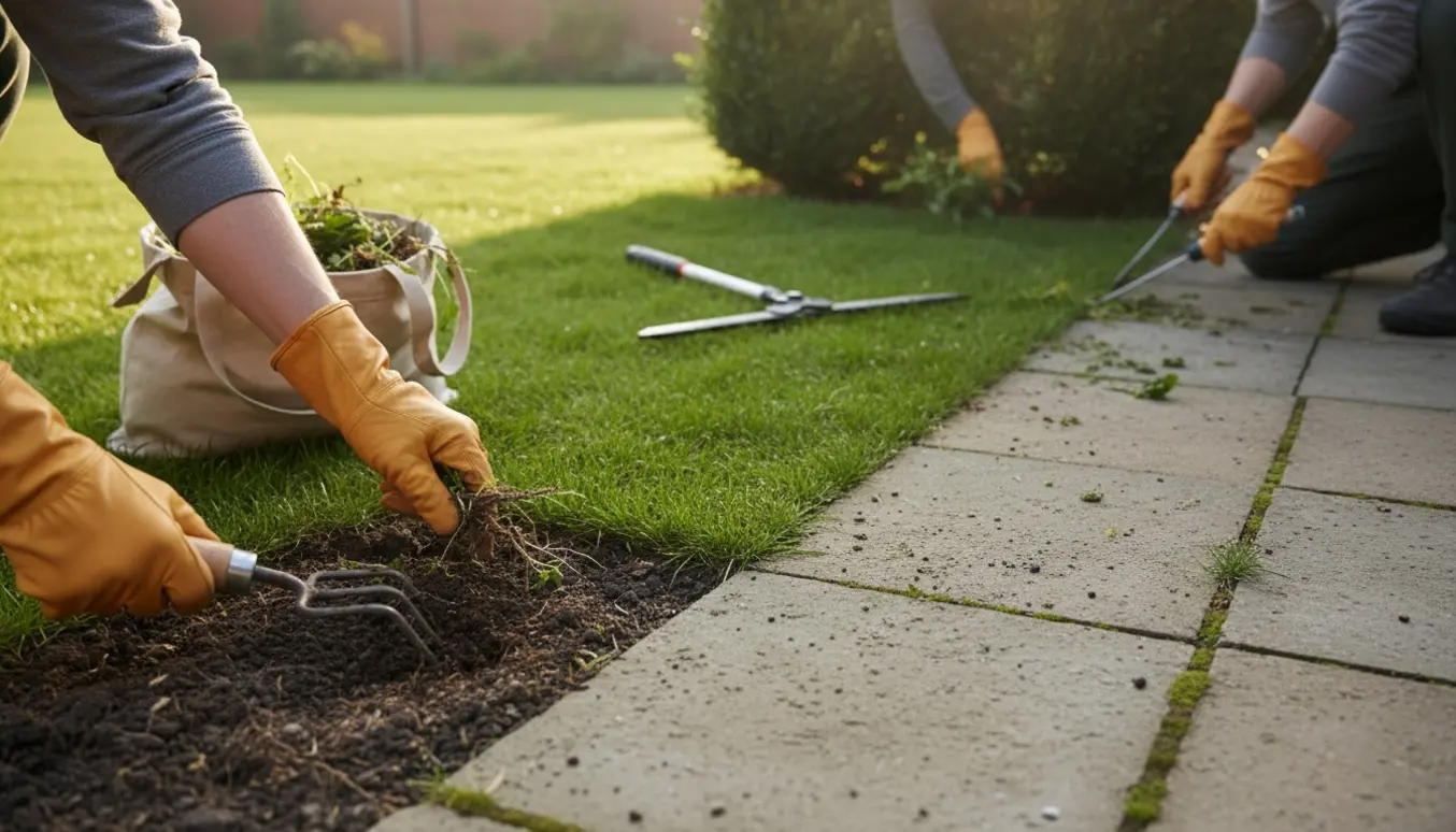 Hænder, der luger bede, fjerner ukrudt mellem fliser og trimmer kanten af græsplænen i en solrig have.