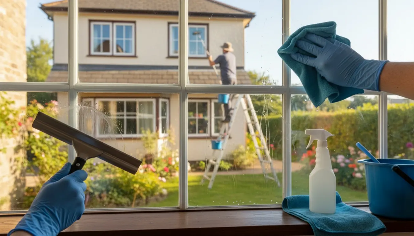 Gloves og skraber i nærbillede mens vinduer pudses på et lille hus, med en kollega på stige uden tydeligt ansigt.