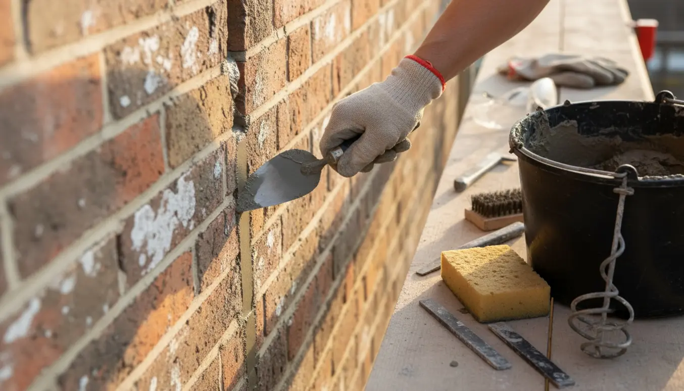 Nærbillede af hænder, der reparerer fuger i en mur med frisk mørtel og værktøj ved siden af.