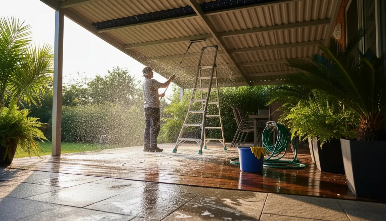 Person på stige vasker en overdækket terrasse med trapezplader og lang stang til rengøring af solceller.