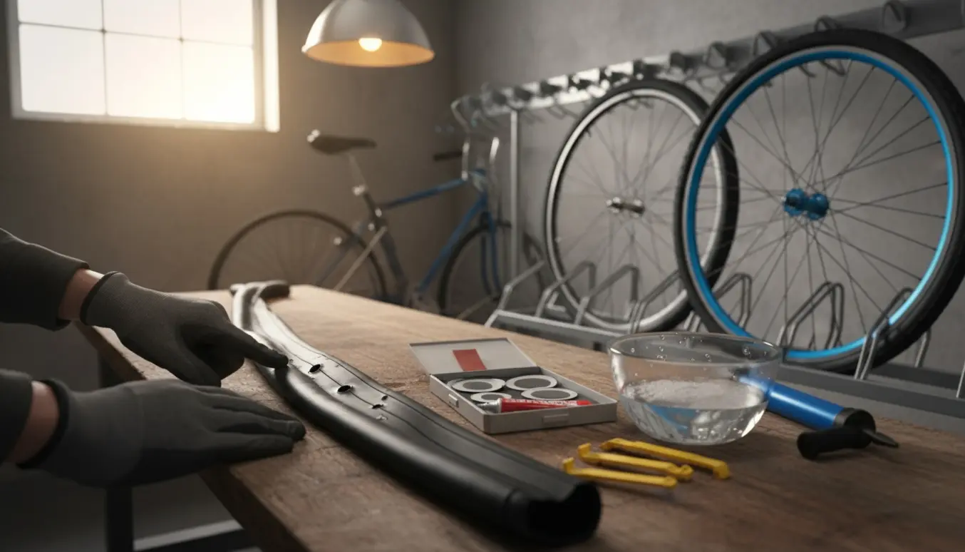 To flade cykeldæk og en slange med to synlige huller på et værksted i cykelkælderen.