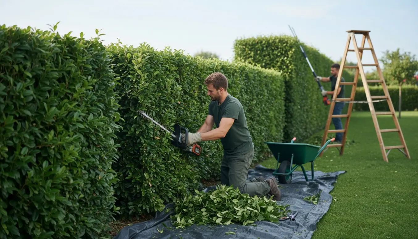 En lang havehæk bliver klippet i toppen og på den ene side med en hækklipper, afklip samlet på en presenning.