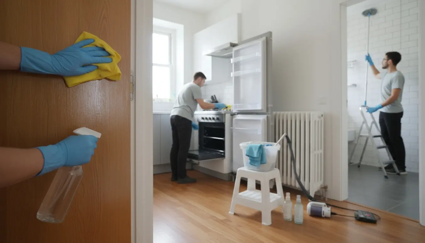 Hænder i gummihandsker pudser trækarme med klud, med radiator og åben ovn i baggrunden.