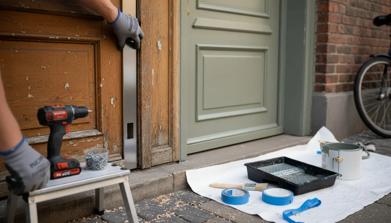 En stålskinne monteres på en trægadedør, mens en nabodør er halvmalet.
