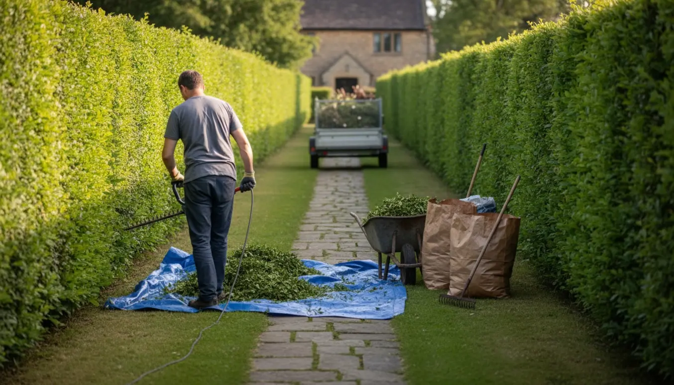 Lang ligusterhæk på begge sider af en havegang, nypudset med opsamlede afklip på presenning og i trailer.