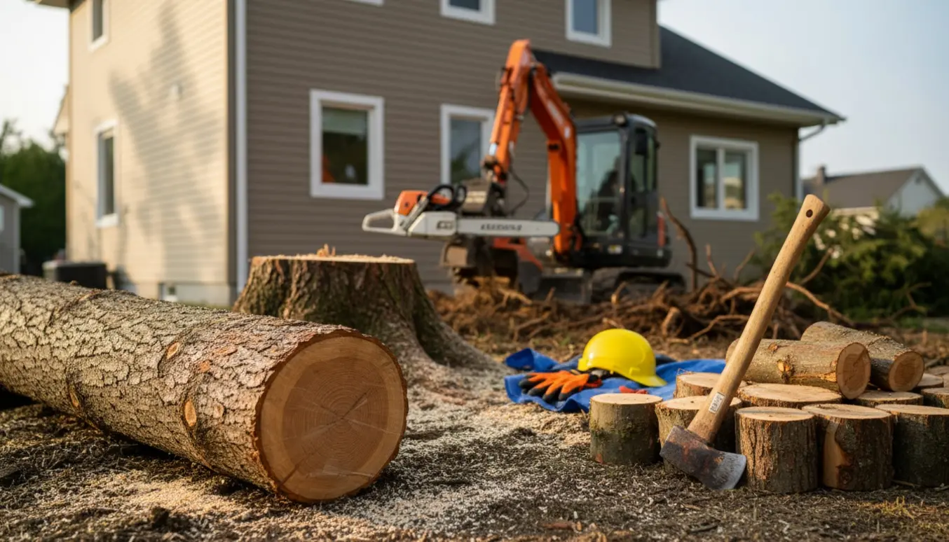 To grantræer fældes tæt ved et hus, skårne stykker stablet til brænde og en stub under fjernelse.