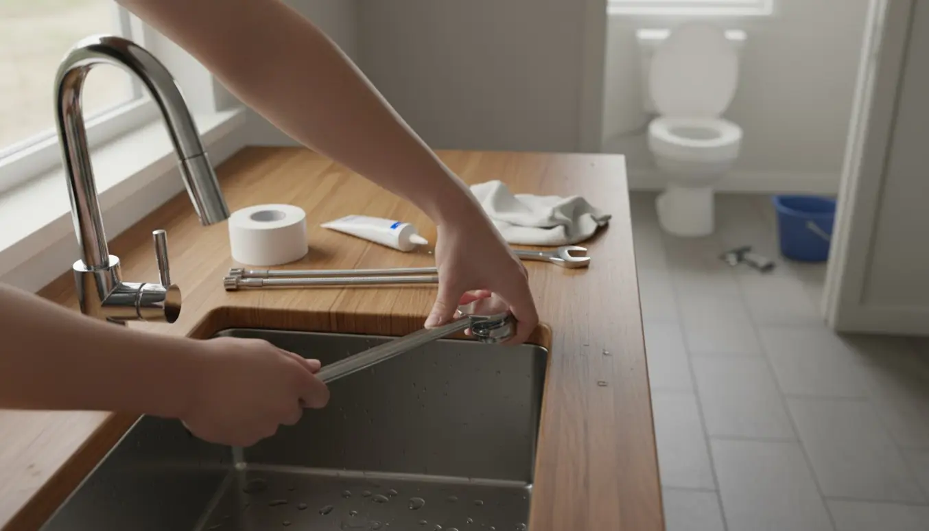 Nærbillede af montering af et nyt køkkenarmatur i forgrunden, med et nyt toilet klar til installation i baggrunden.