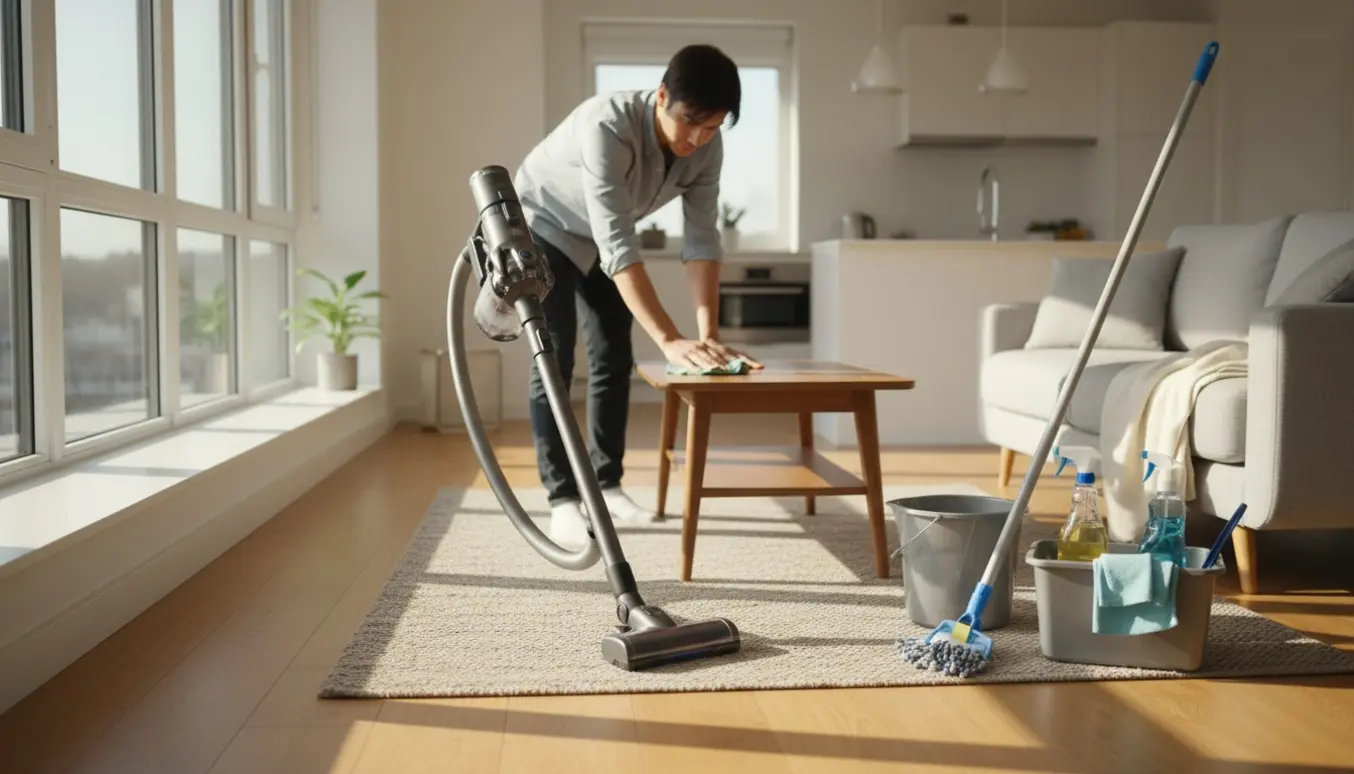 Hænder pudser en soloplyst, ryddet lejlighedsstue med støvsuger, moppe og rengøringsmidler.