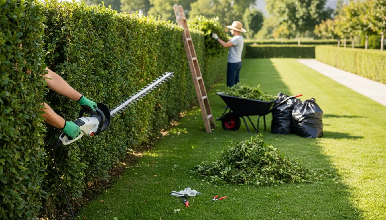 En håndværker trimmer en lang hæk i haven med værktøj og opsamlet hækaffald klar til fjernelse.