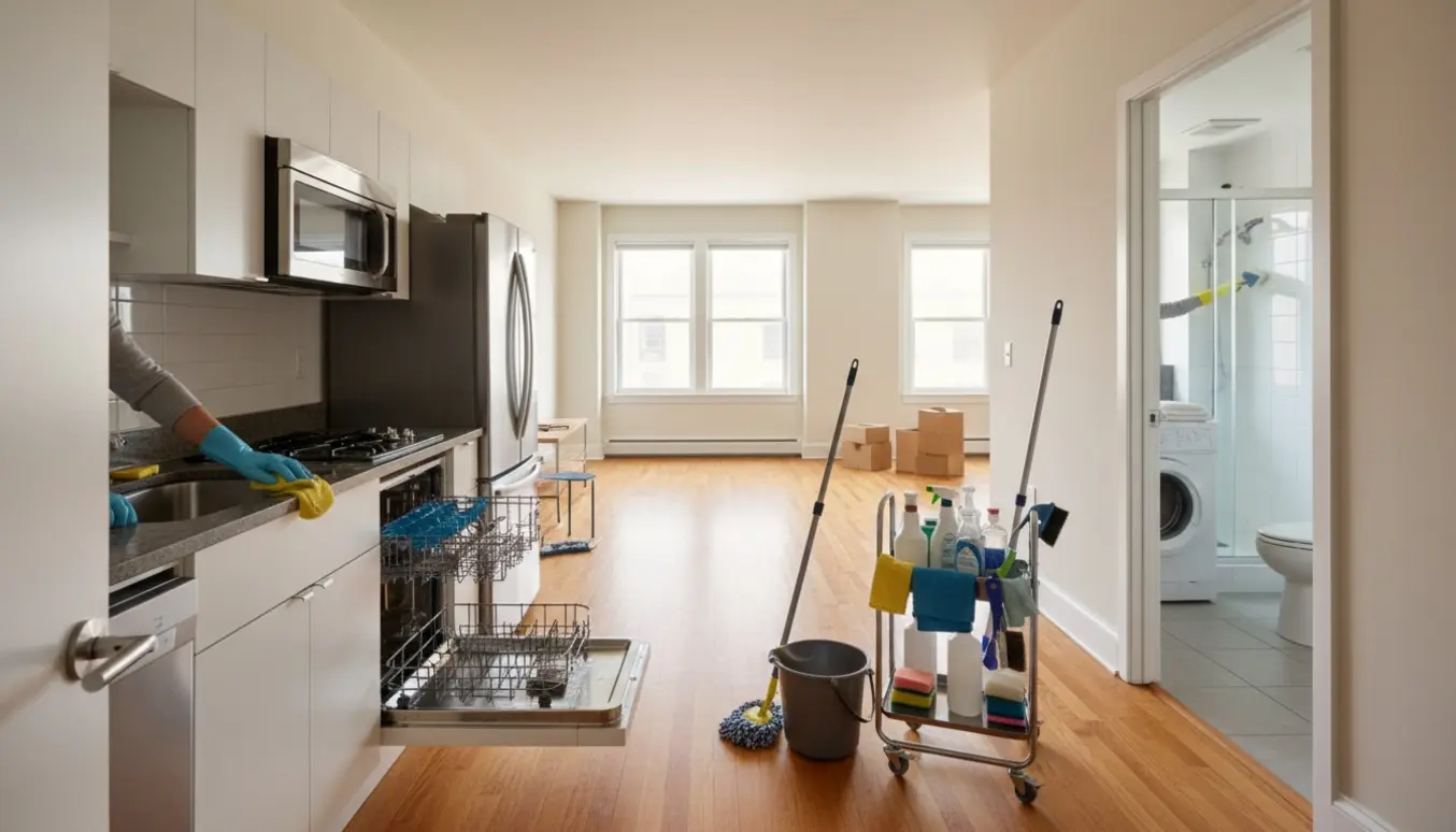 Soloplyst, tom treværelses lejlighed under udflytningsrengøring med rengøringsudstyr og hænder i handsker, der pudser vasken.