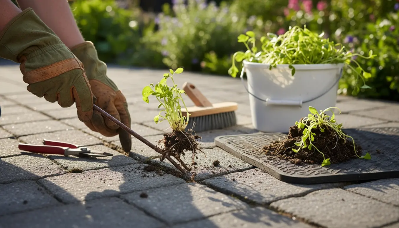 Hænder i havehandsker fjerner ukrudt mellem grå fliser på en solbeskinnet terrasse.