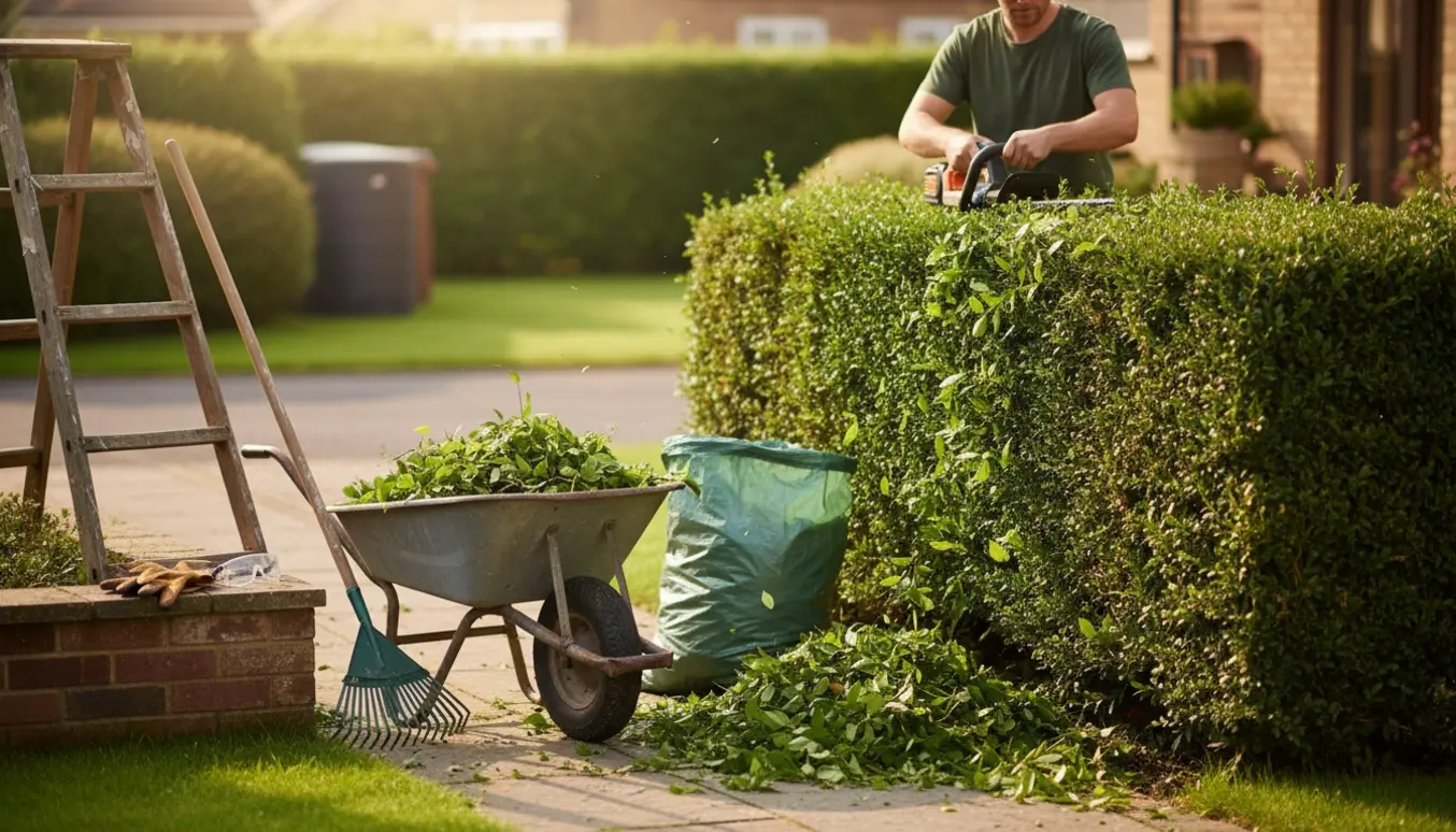 En person trimmer en hæk, mens afklippede grene samles i en trillebør i en solrig have.