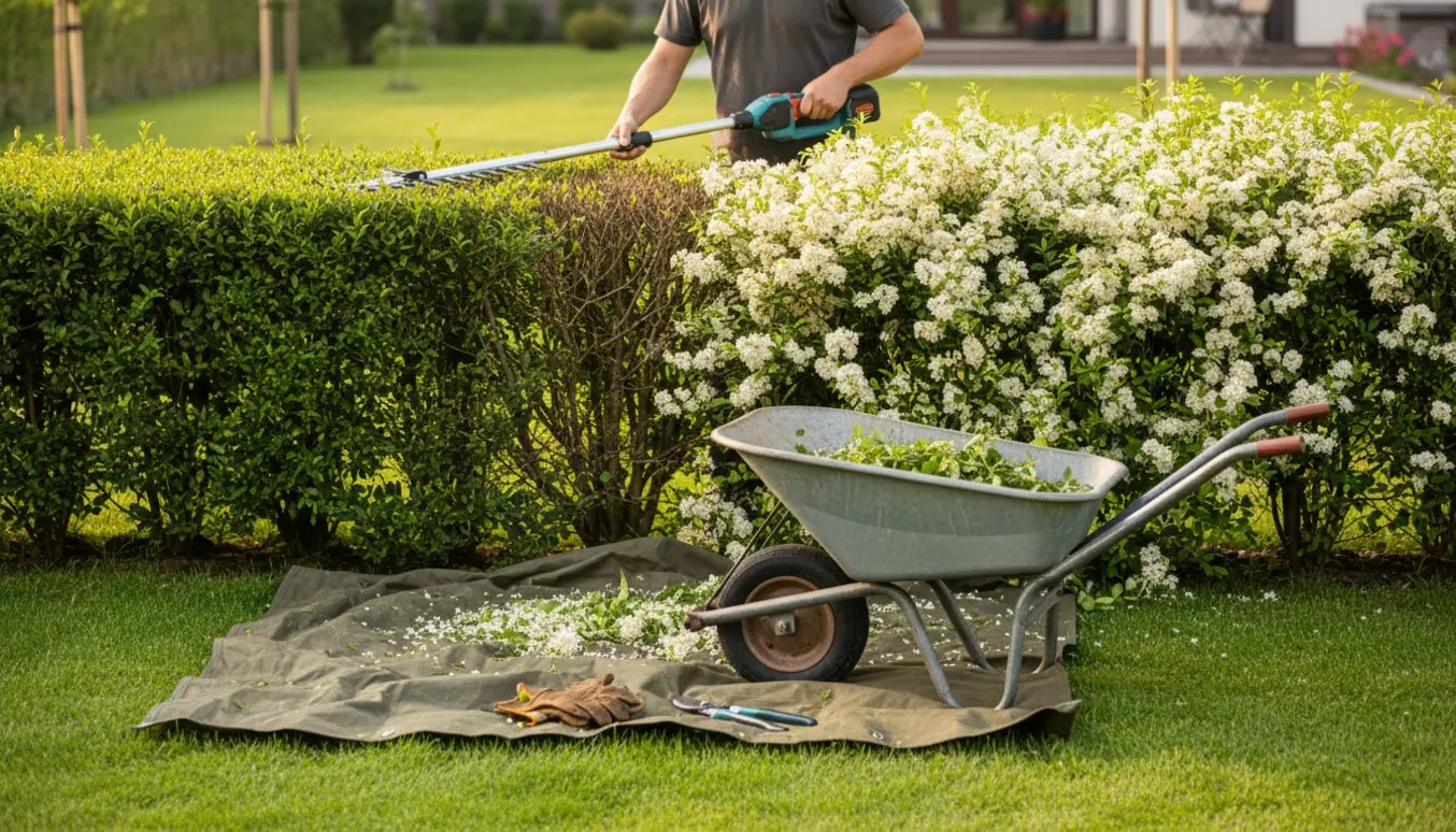 Batteridrevet stanghækkeklipper trimmer en blomstrende ligusterhæk, og afklip er samlet i en trillebør.