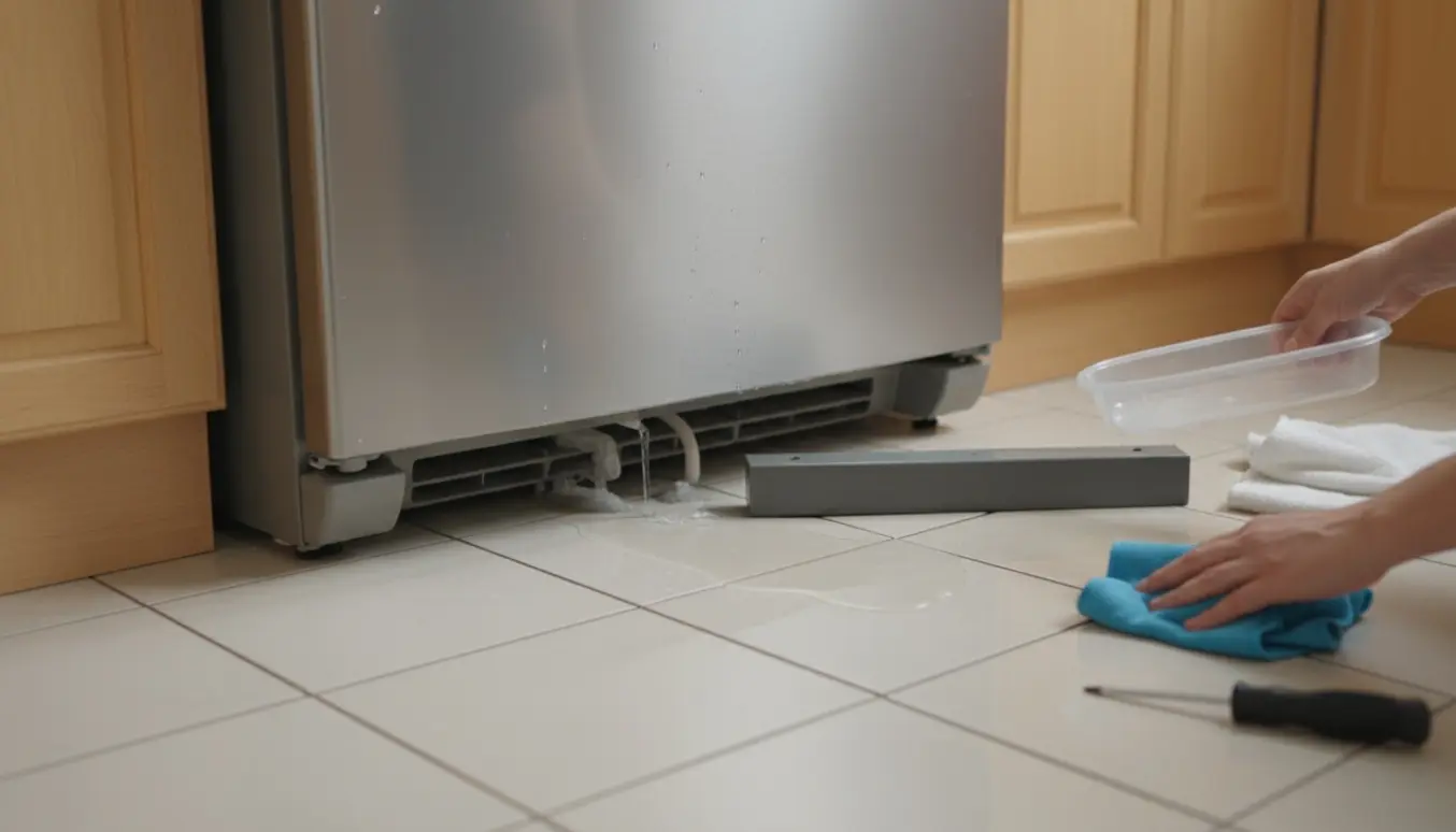 Køleskab med fjernet sokkel og en bakke under dryp, mens hænder tørrer vand op på køkkengulvet.