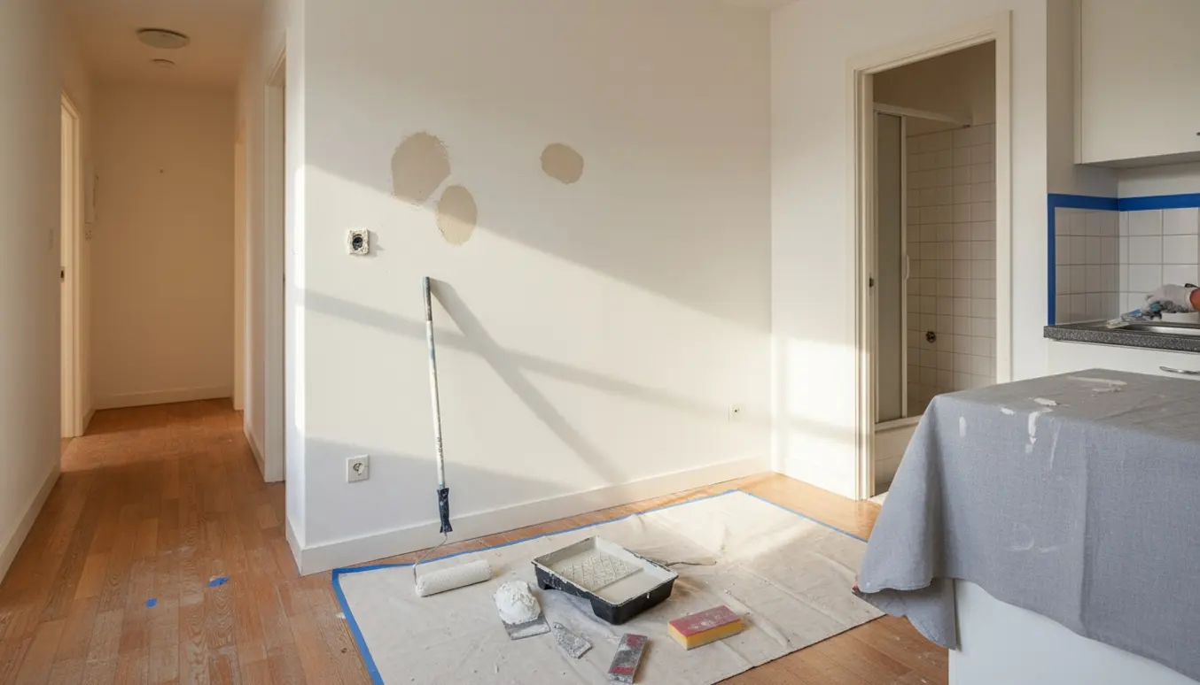 Lille lejlighed klar til vægmaling med spartlede huller, malerredskaber og afdækning.