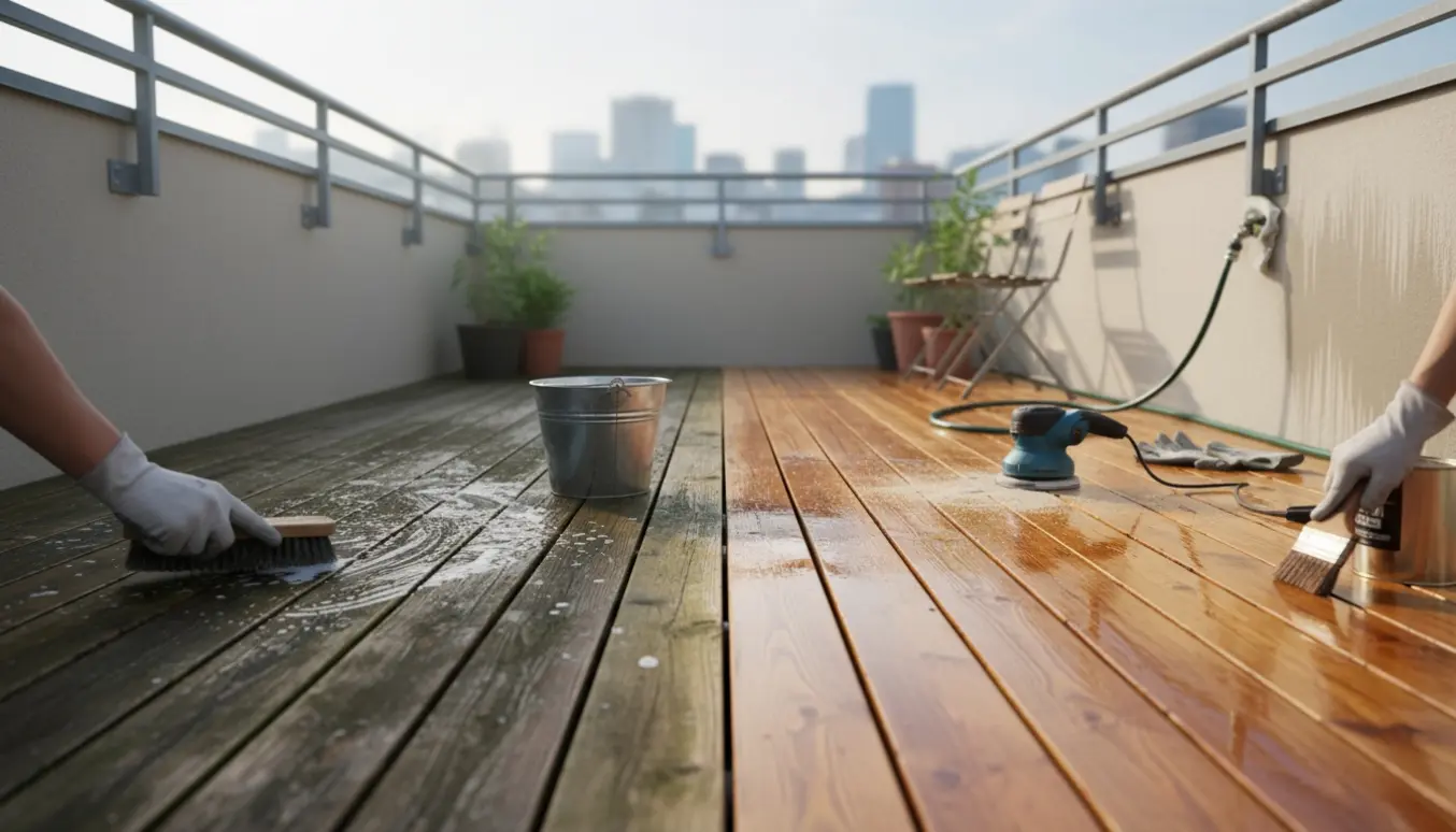 Altan hvor det halve trægulv er rengjort, slebet og delvist olieret med værktøj og planter ved siden af.