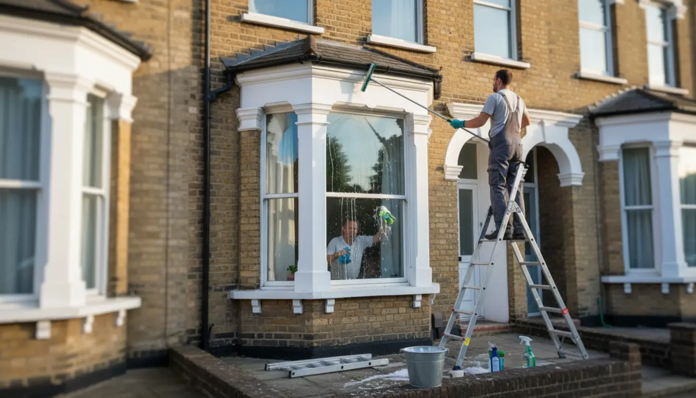 Udvendig og indvendig vinduespudsning på et treetagers rækkehus med stige, spand og klud.