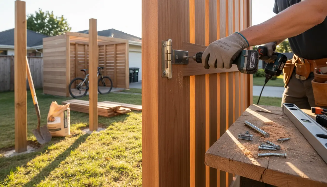 Delvist opført træ-cykelskur og stor trælåge ved husets indkørsel med en håndværker, der arbejder med boremaskine.