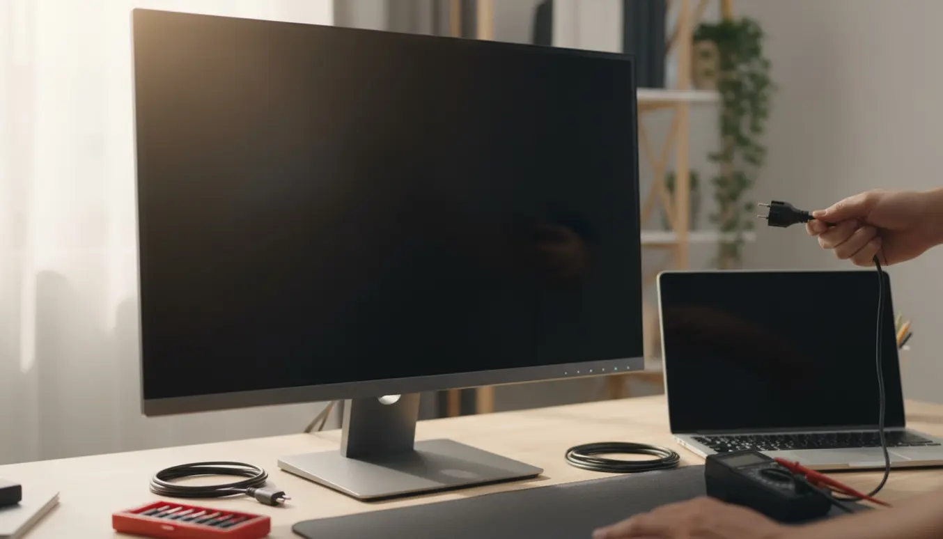 Hænder trykker på tænd-knappen til en sort skærm på et skrivebord med fejlfindingstilbehør.