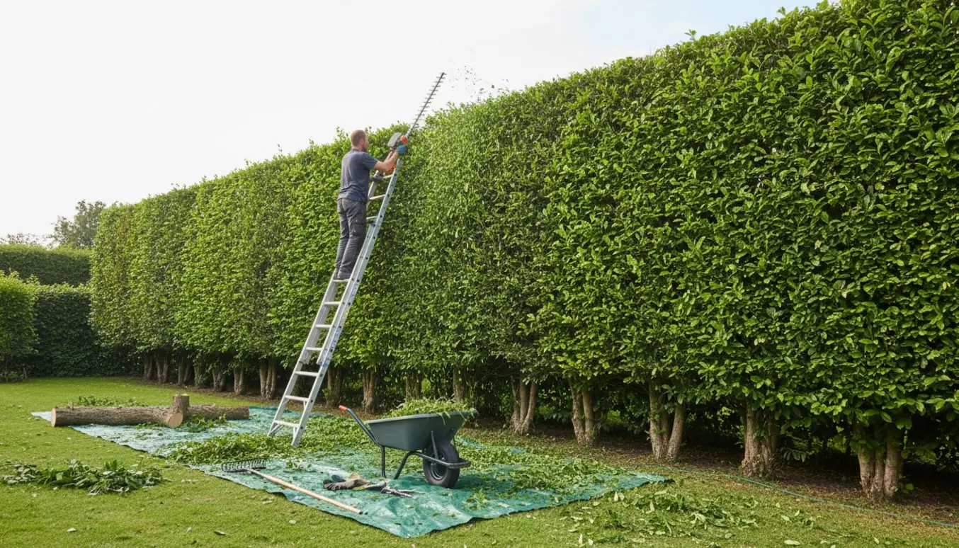 Forlænget hækkeklipper og stige bruges til at trimme toppen og indersiden af en høj, lang hæk med friske afklip i en trillebør.