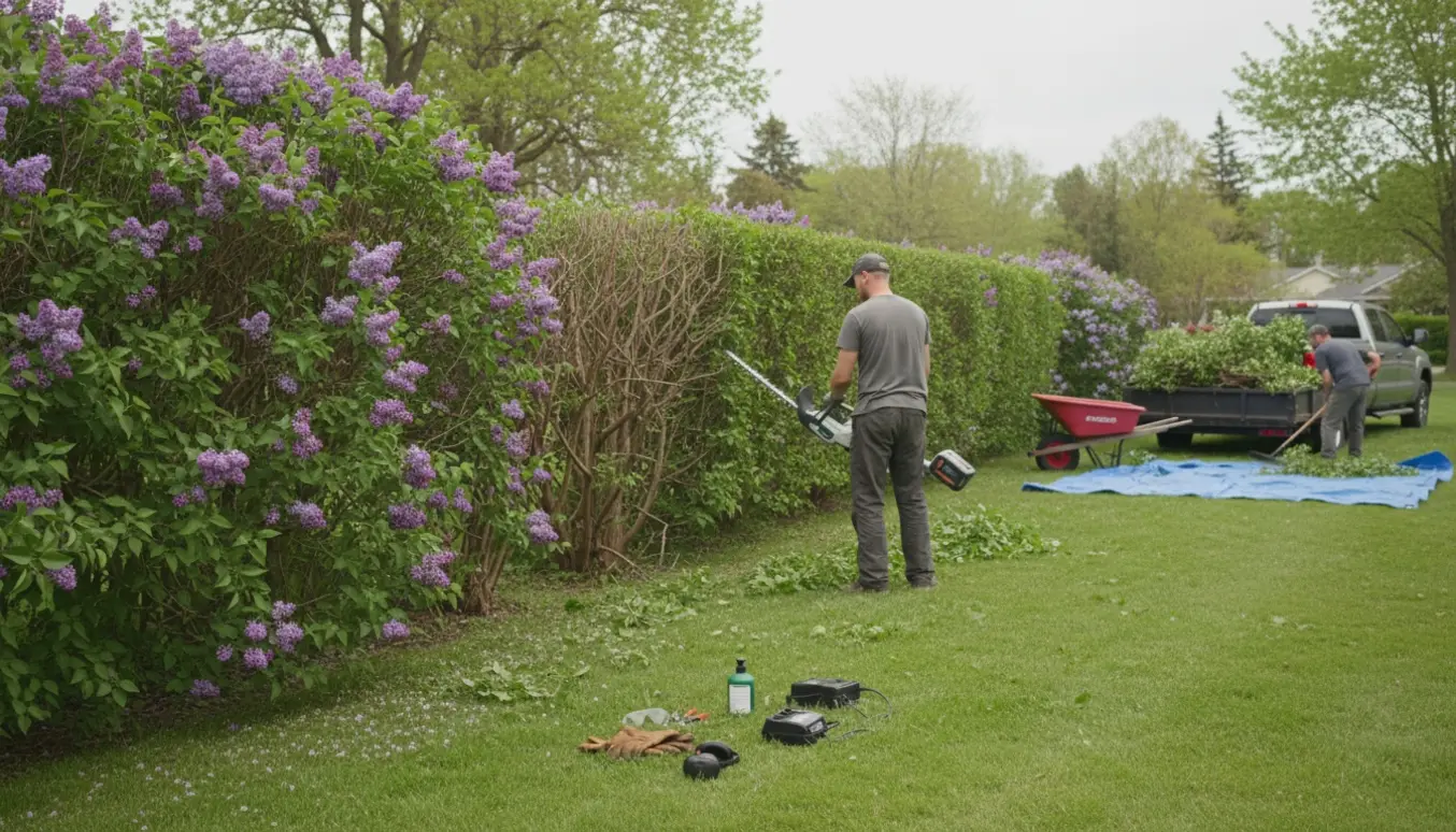 En professionelt klippet syrenhæk med elektrisk hækkeklipper, afklip samlet i trillebør og forlæsset på en trailer.