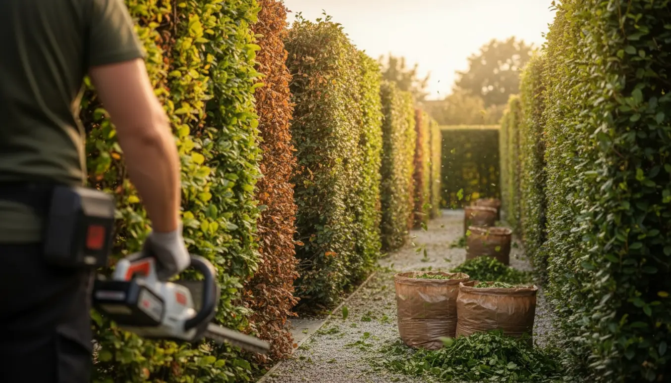 Nyslået bøgehæk og ligusterhæk med batteridrevet hækkeklipper og sække med afklip i forgrunden.