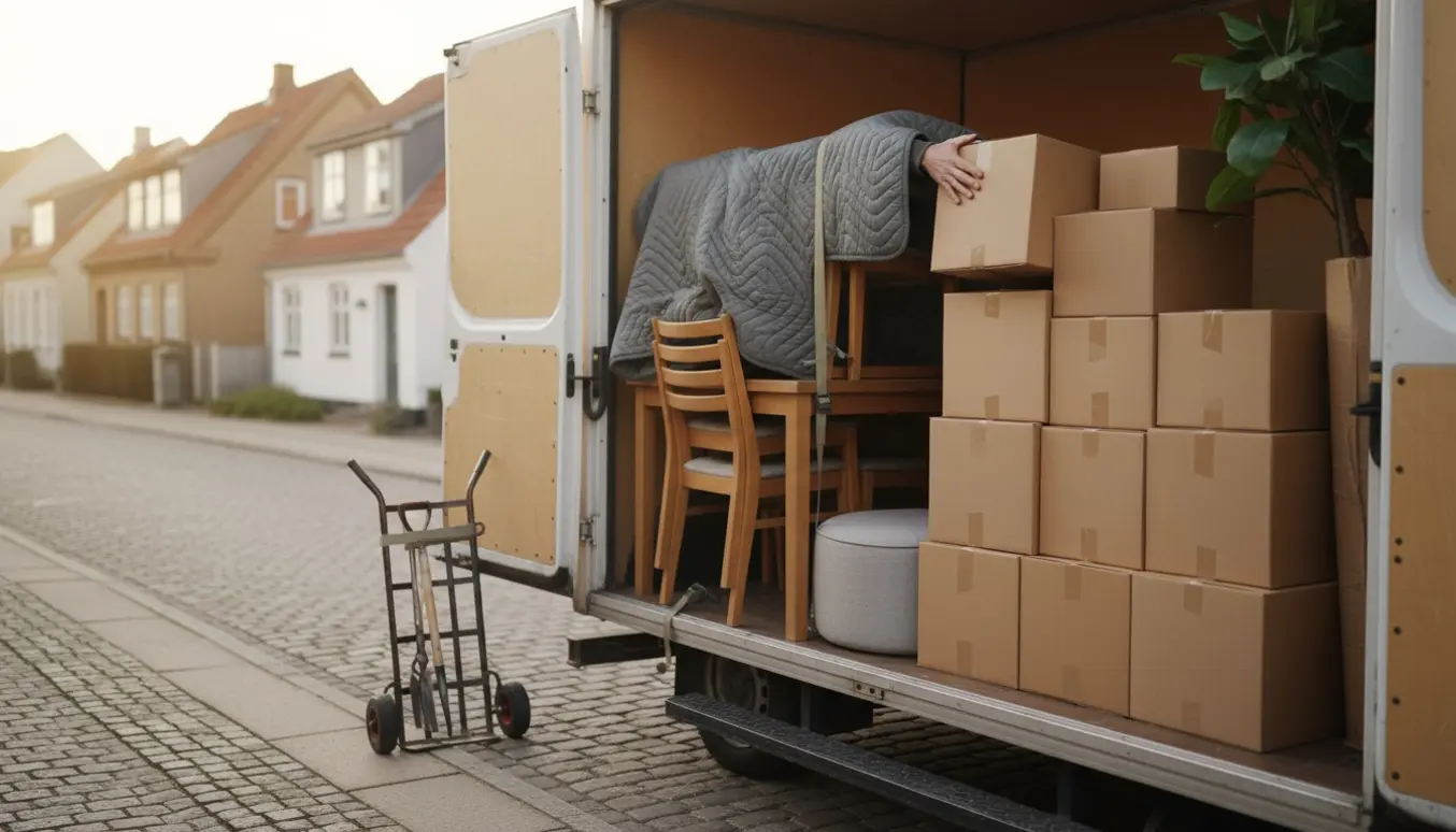 Flyttebil med åbent lastrum fyldt med spisebord, stole, puf, flyttekasser, en stueplante og en sækkevogn på en rolig dansk villavej.