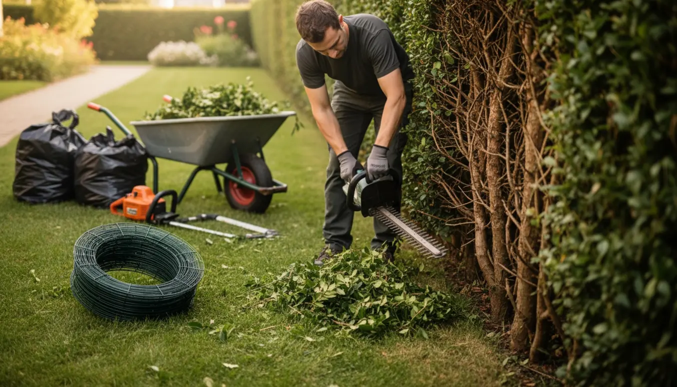 Beskæring af en 2 m høj hæk tæt ved stammen med afklip samlet i trillebør og sække.