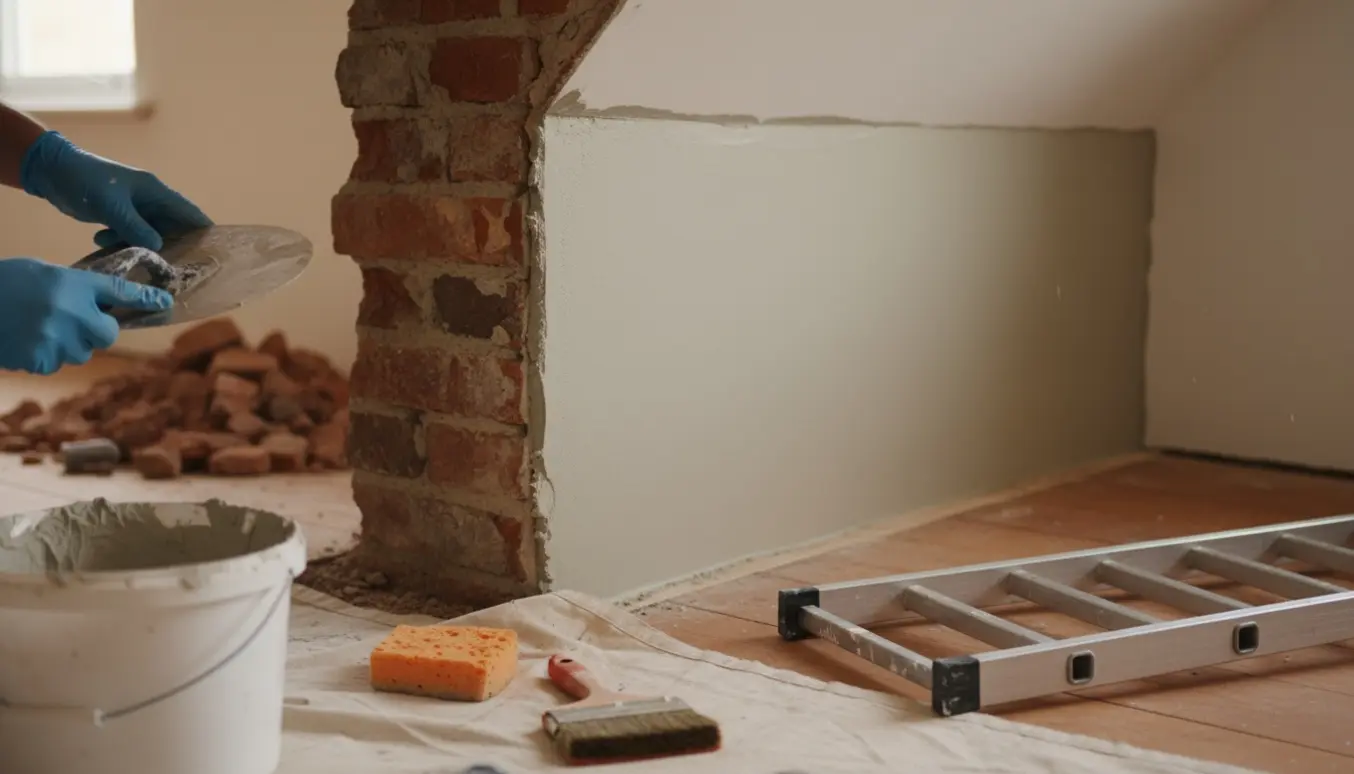 Hænder pudser væg og loft efter en nedrevet væg i et lyst rum.