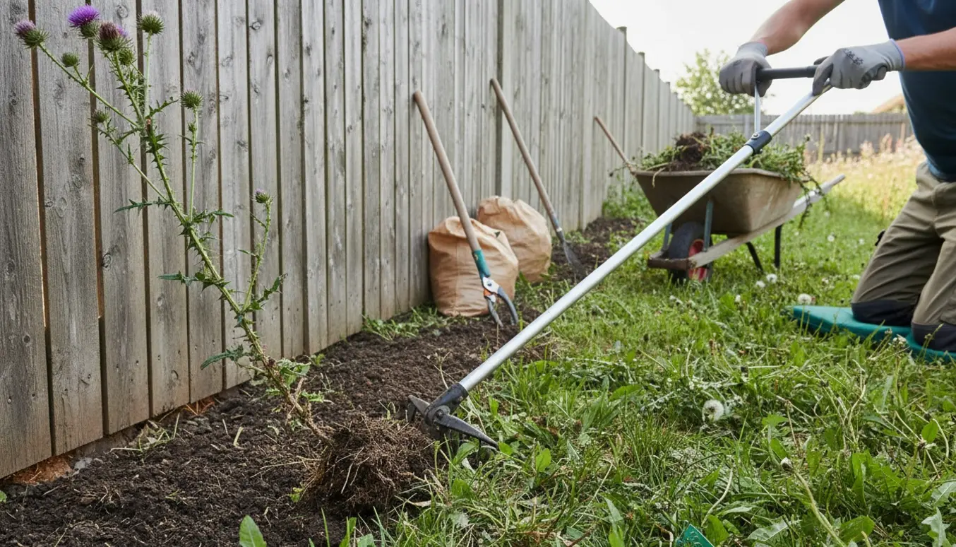 Hænder fjerner tidsler langs et langt træhegn i en baghave med værktøj og en trillebør.