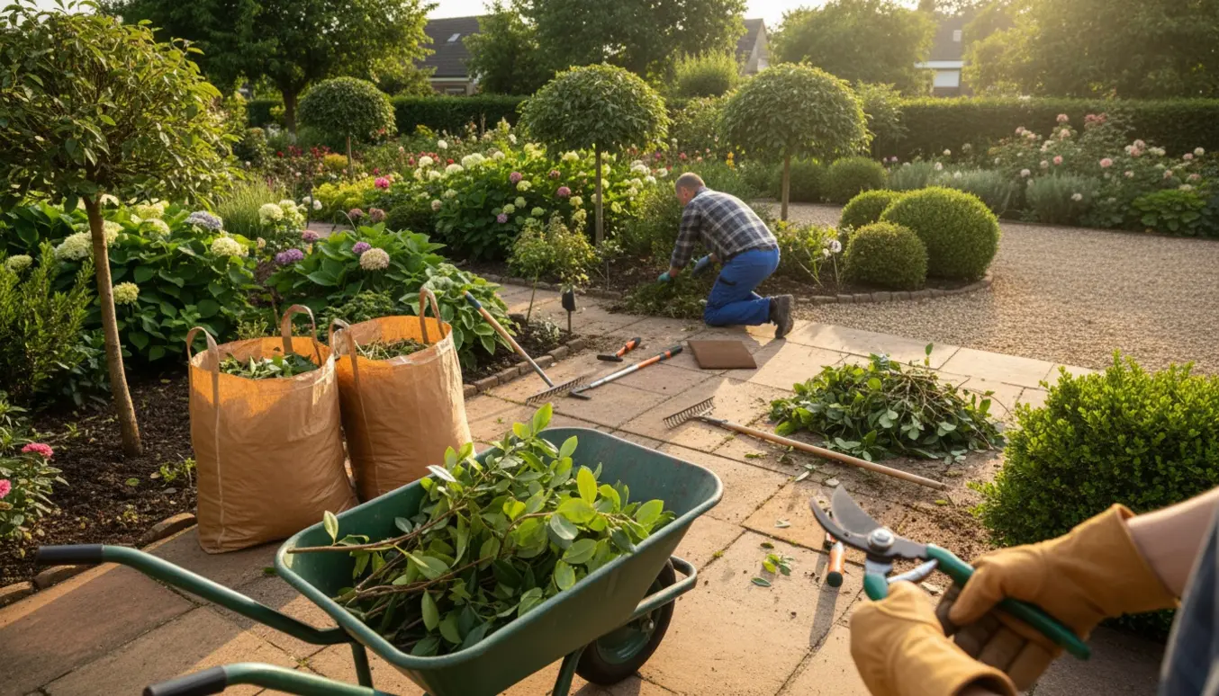 Havearbejde med lugning mellem fliser, beskæring af buske og en trillebør fyldt med haveaffald.