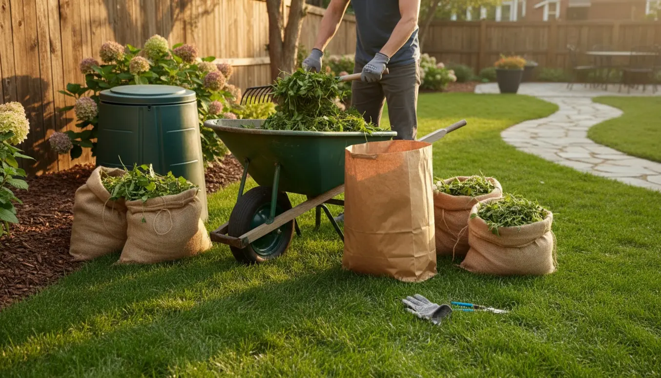 Person samler nyslået græs og grønt haveaffald i en trillebør og papirpose i en solbeskinnet baghave.
