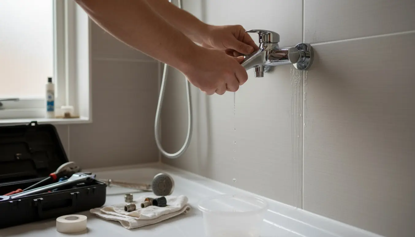 Hænder installerer et nyt krom brusesæt og blandingsbatteri i et lyst badeværelse med værktøj og afmonterede dele.
