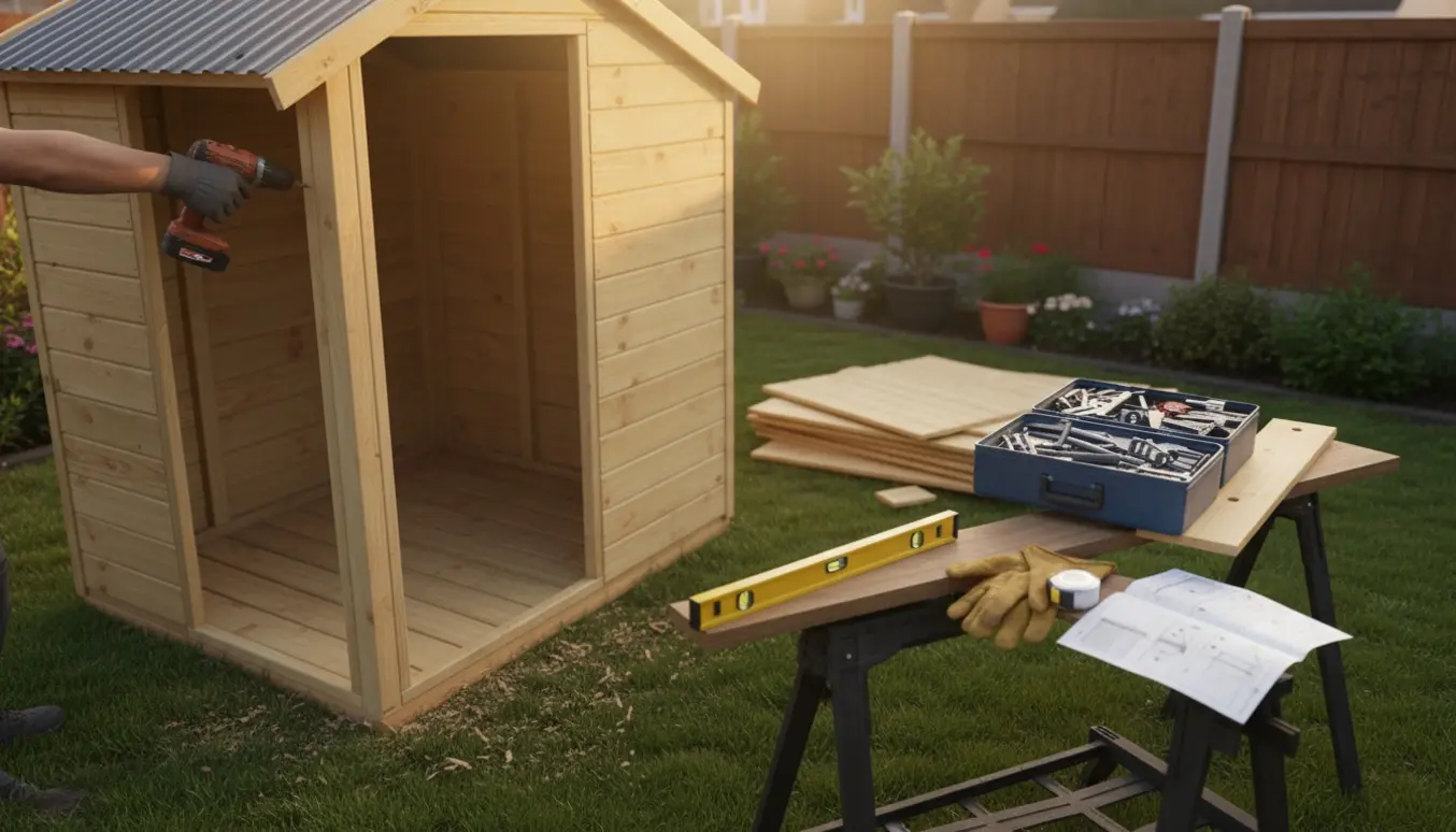 Halvfærdigt lille træskur i baghaven med værktøj og hænder, der skruer en vægplade fast.